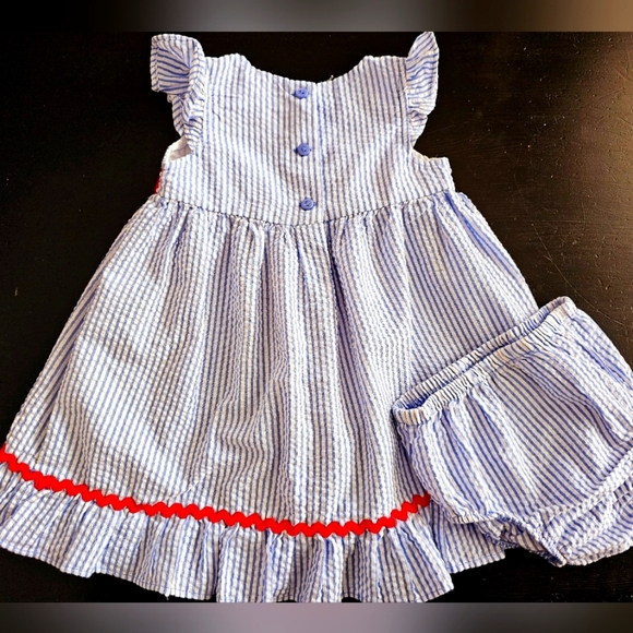Striped Baby Dress with Red Accents With Matching Bloomers. 18 Months - Picture 3 of 7
